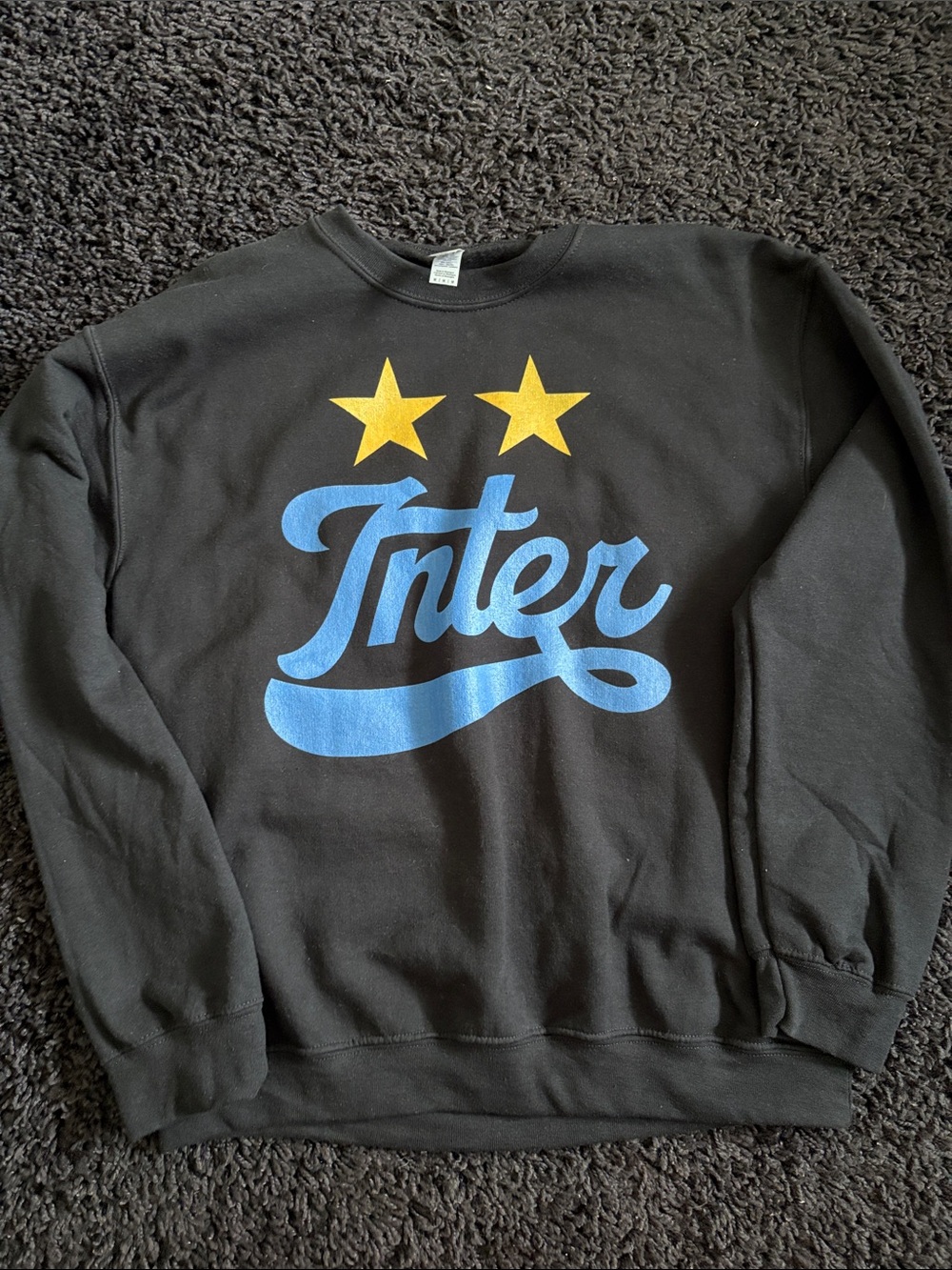Inter Milan Graphic Black Sweatshirt with Blue Script and Yellow Stars